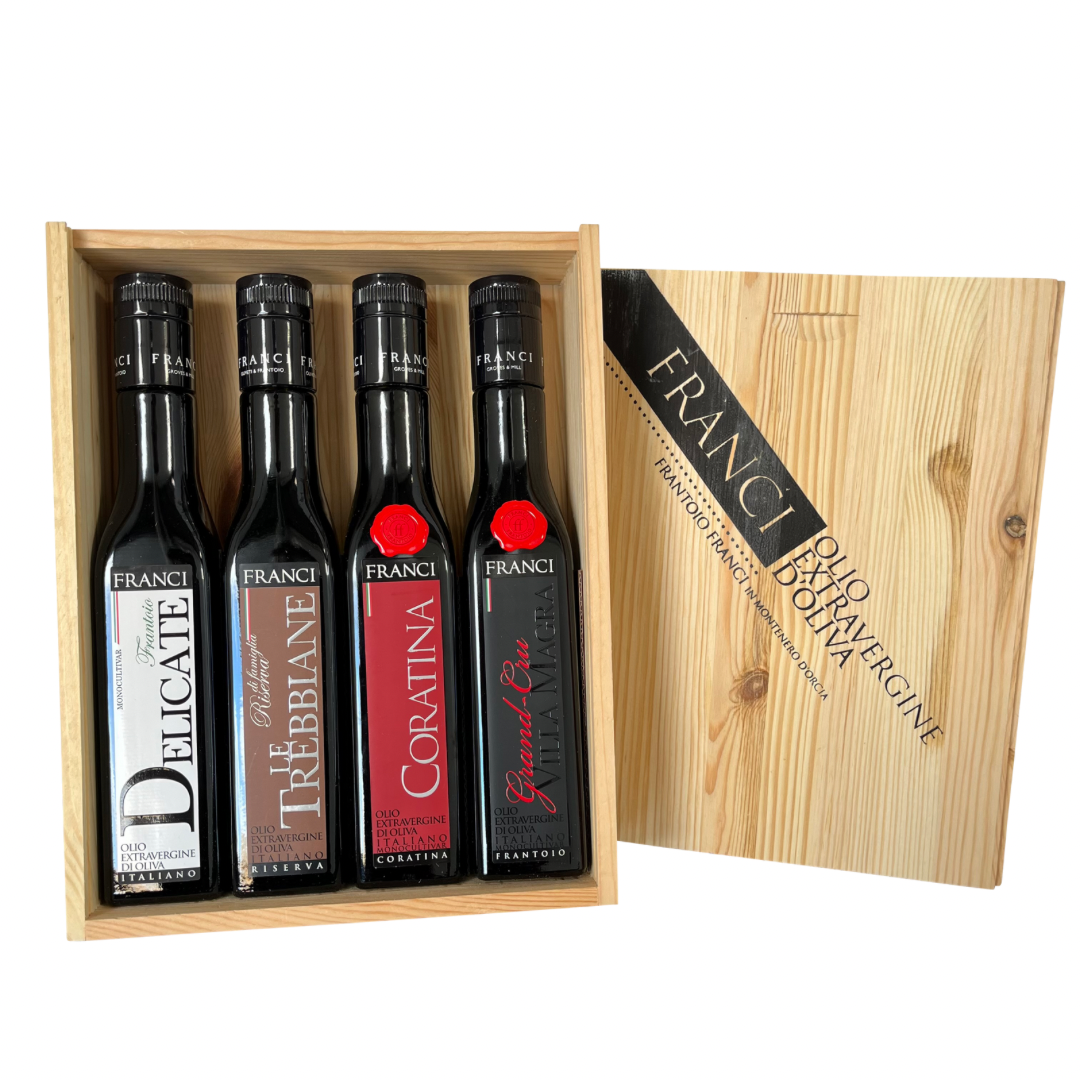Frantoio Franci Extra Virgin Olive Oil Gift Set in Wood Gift Box (4 x 250 ml) Bottles