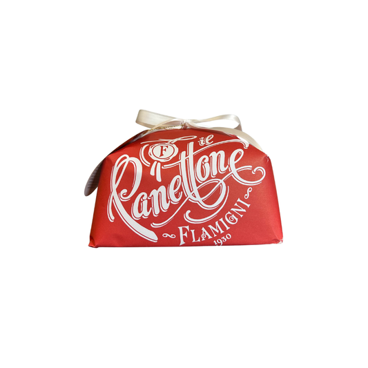 Red package with white ribbon and 'Ranettone Flamigni' branding on a white background