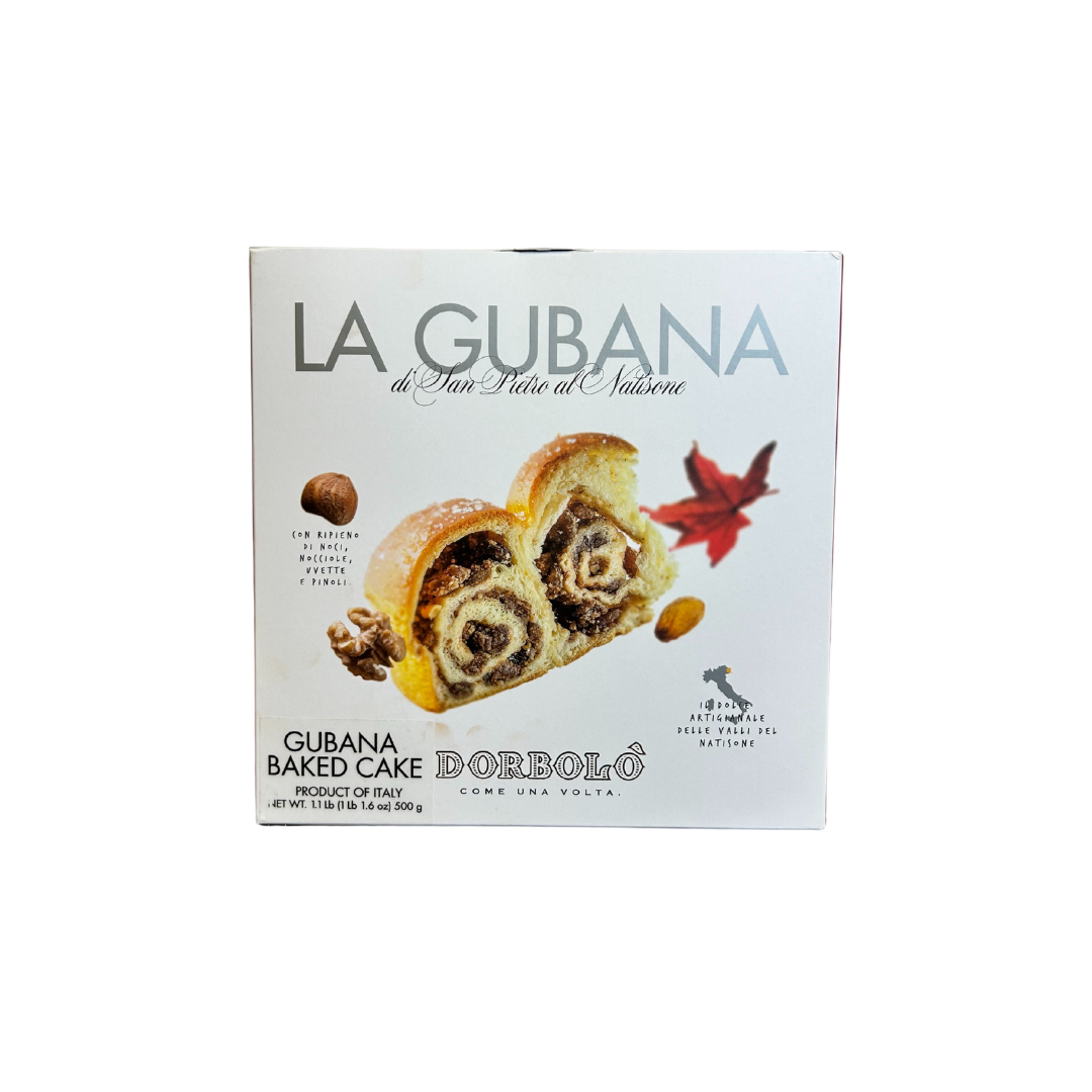 Box of La Gubana baked cake with a slice of cake on a white background