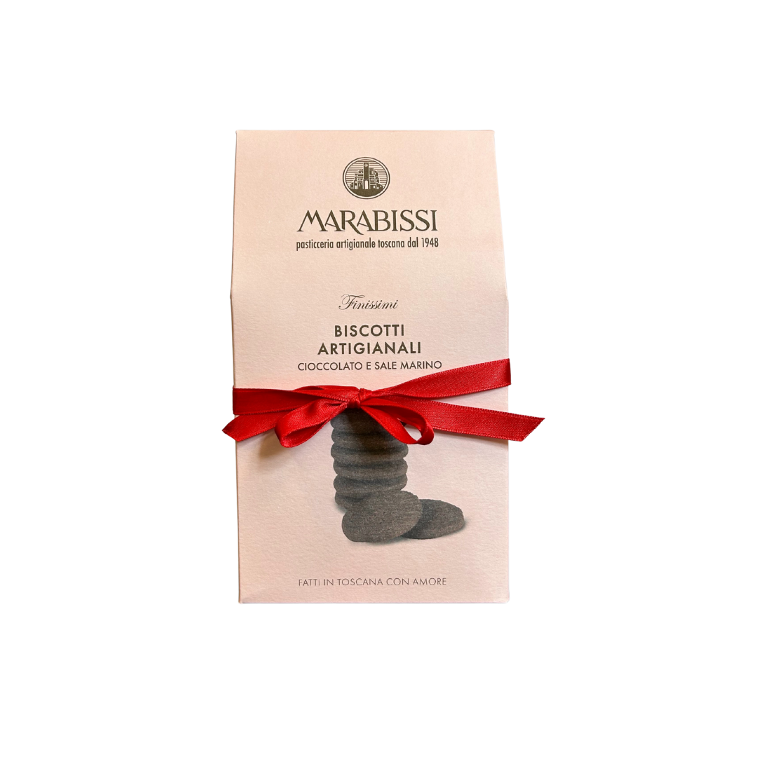 Marabissi biscotti packaging with a red ribbon on a white background