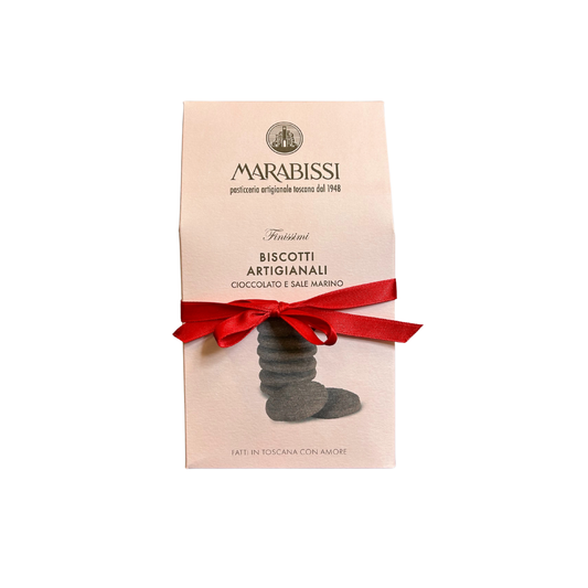 Marabissi biscotti packaging with a red ribbon on a white background