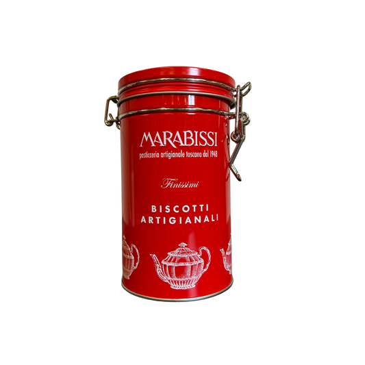 Red tin canister with 'Marabissi' branding on a white background
