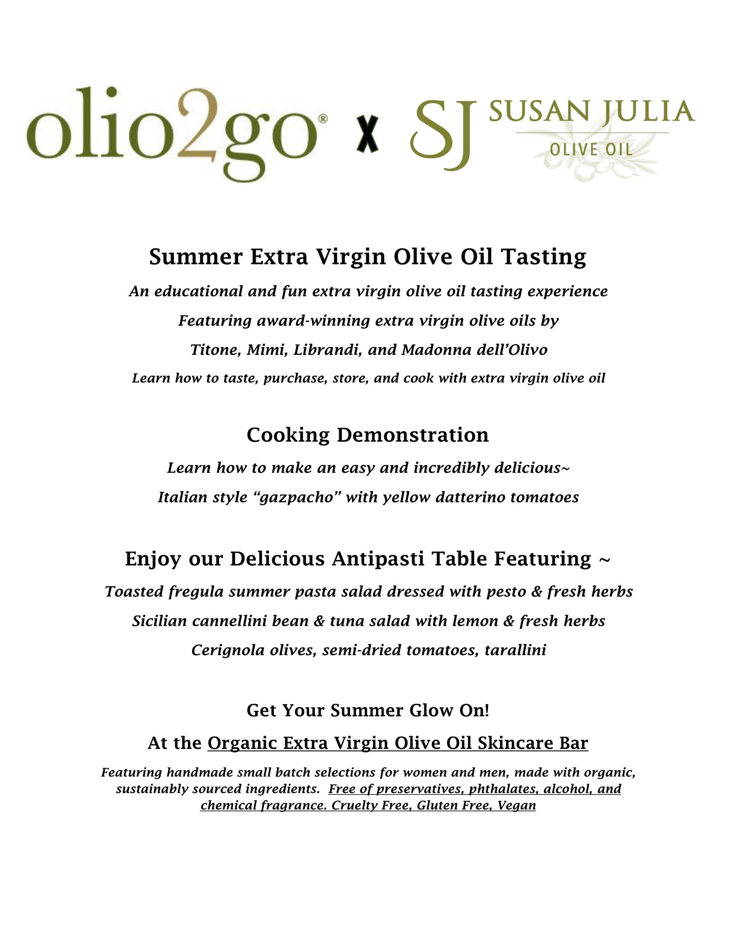 Promotional flyer for a Summer Extra Virgin Olive Oil Tasting event featuring olio2go and Susan Julia Olive Oil.