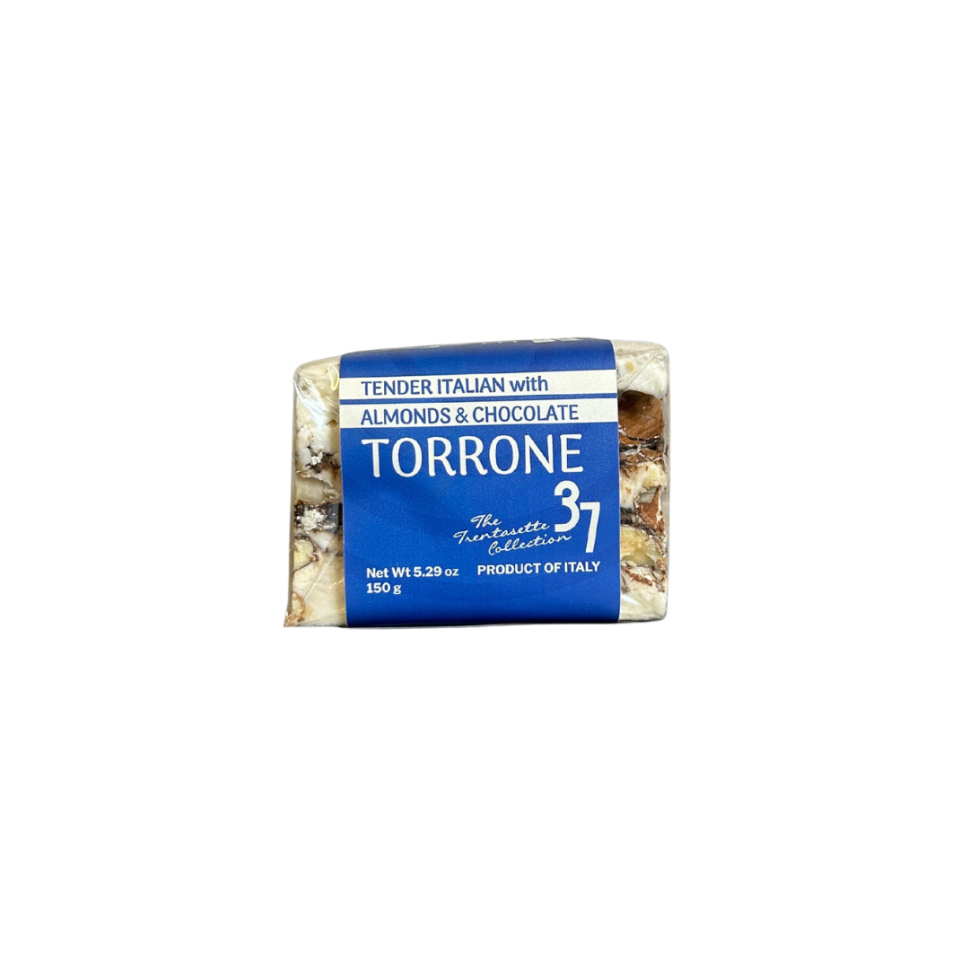 Torrone candy bar with blue packaging on a white background