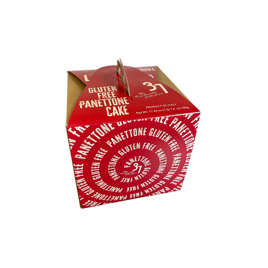 Red box of gluten-free panettone cake on a white background