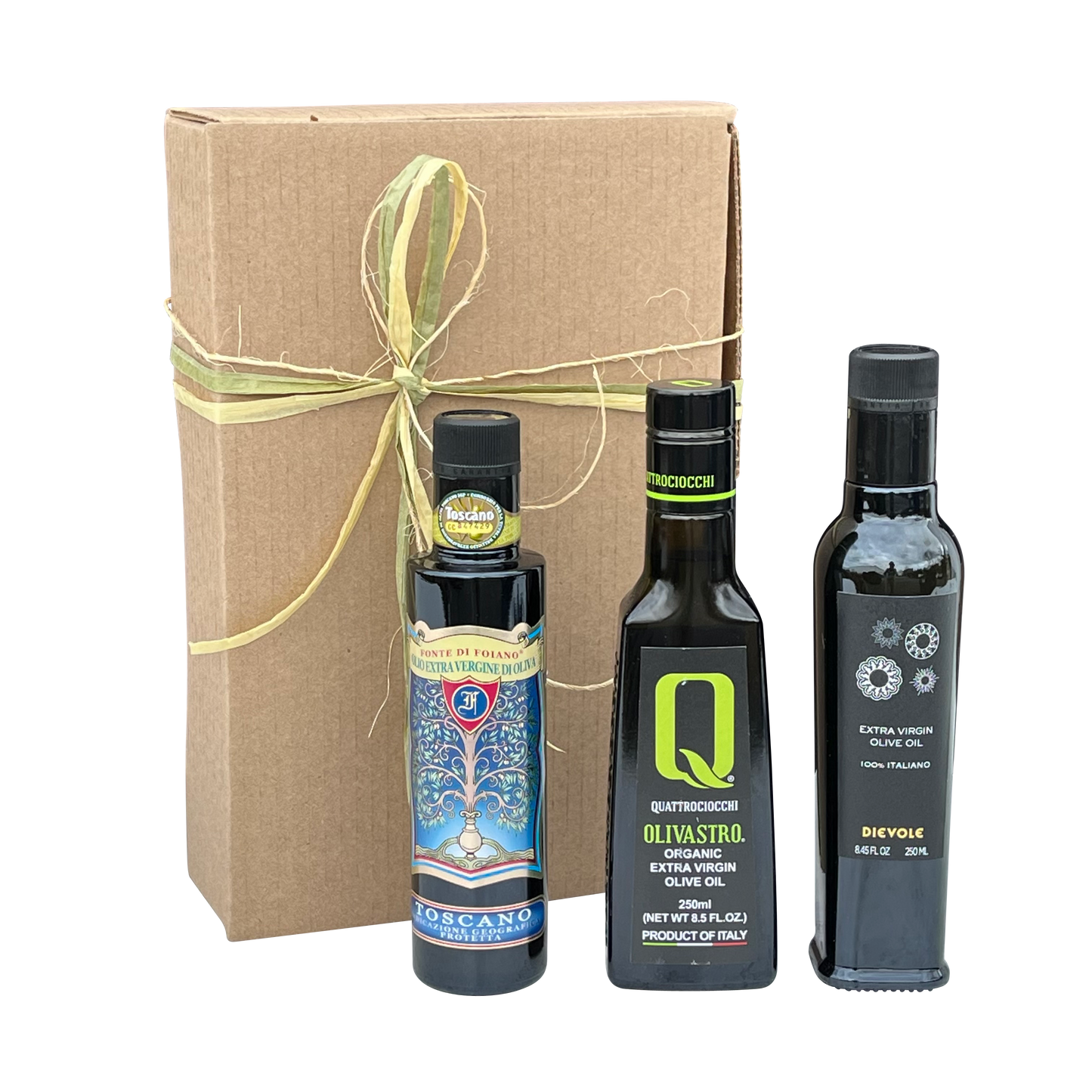 Da Vinci Crude Viaggio Extra Virgin Olive Oil Gift Set 3x250 ML Bottles with Brown Rustic Box and Ribbon OLI-073-22