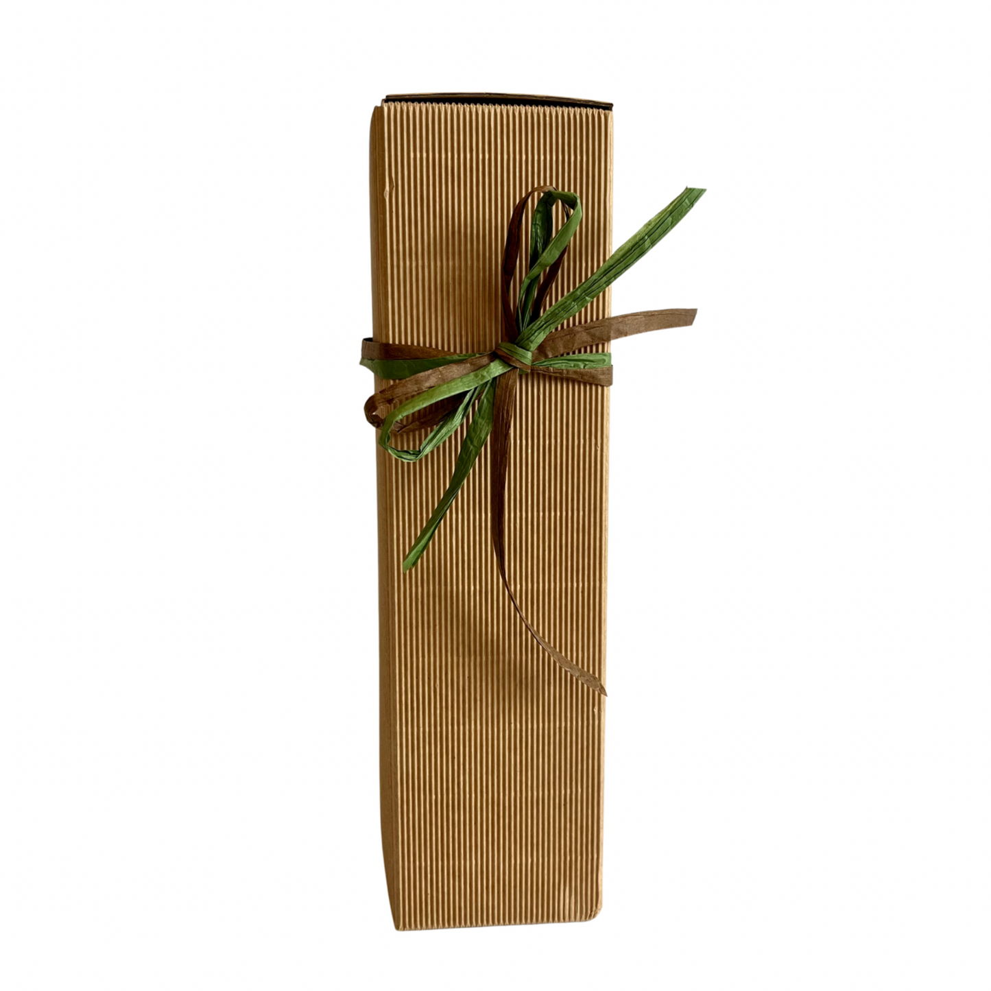 Single Bottle Gift Box, brown ribbed with raffia