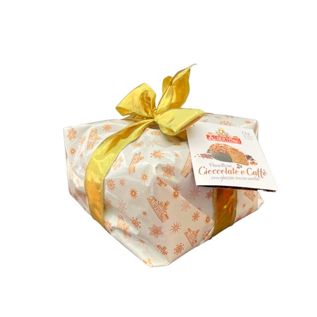 Albertengo Chocolate & Caffe Panettone Wrapped in White Paper with Gold Ribbon IGF-014