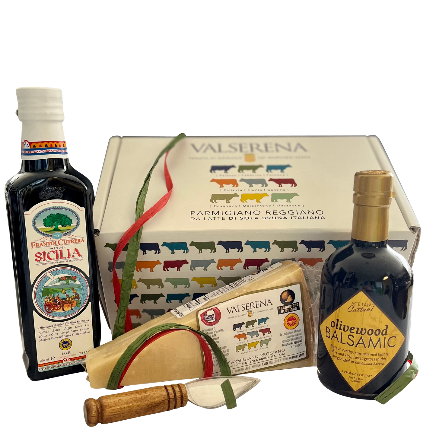 Valserena Parmigiano Reggiano DOP Gift Set with IGP Sicilia EVOO, olivewwod balsmic, Cheese knife VLS-001-IGP