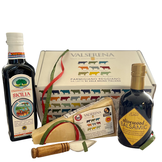 Valserena Parmigiano Reggiano DOP Gift Set with IGP Sicilia EVOO, olivewwod balsmic, Cheese knife  VLS-001-IGP