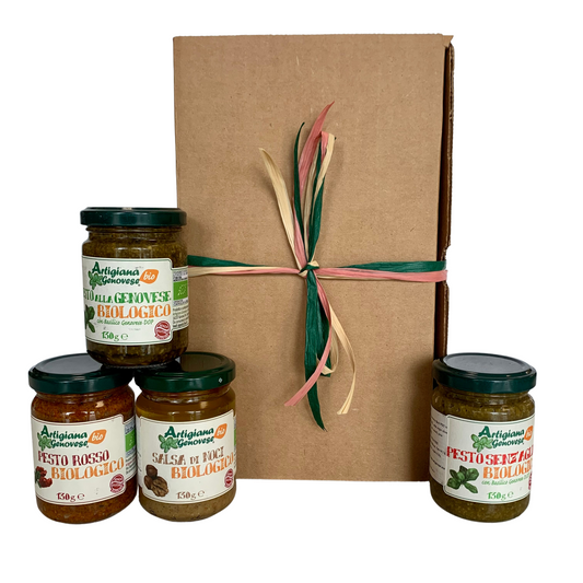 A selection of four pesto from Artigiana Genovese with Brown Rustic Box and Ribbon ATG-1234