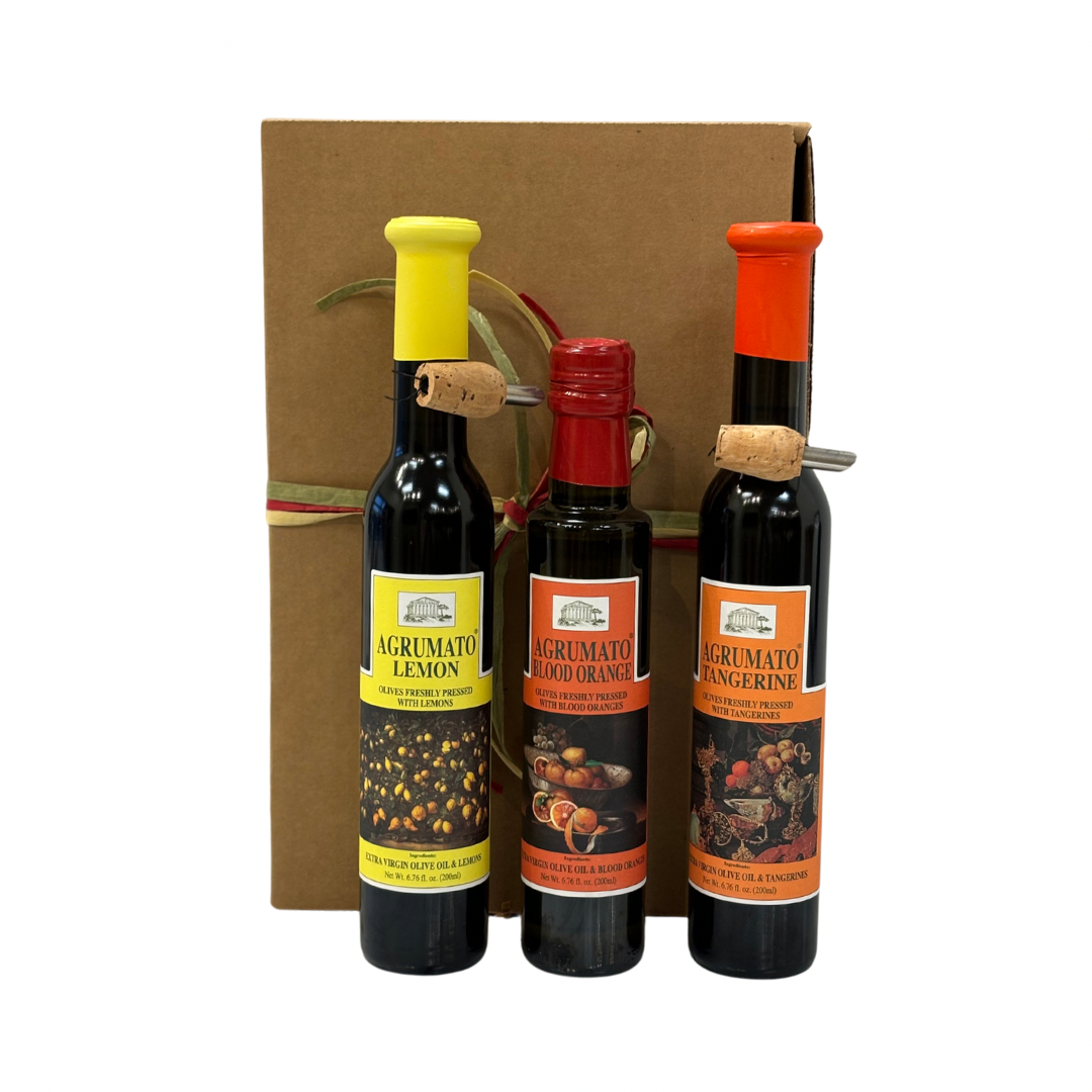 Agrumato Lemon, & Orange Extra Virgin Olive Oil Gift Set 3 250ML Bottles with Brown Rustic Box and Ribbon AGR-010204