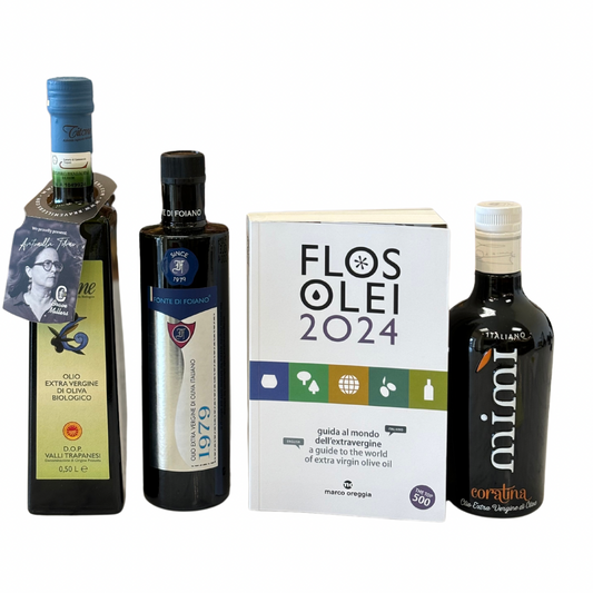 Flos Olei Eccellenza Extra Virgin Olive Oil Gift Set 3 x 500ml Bottles + Guide Book Author Marco Oreggia 