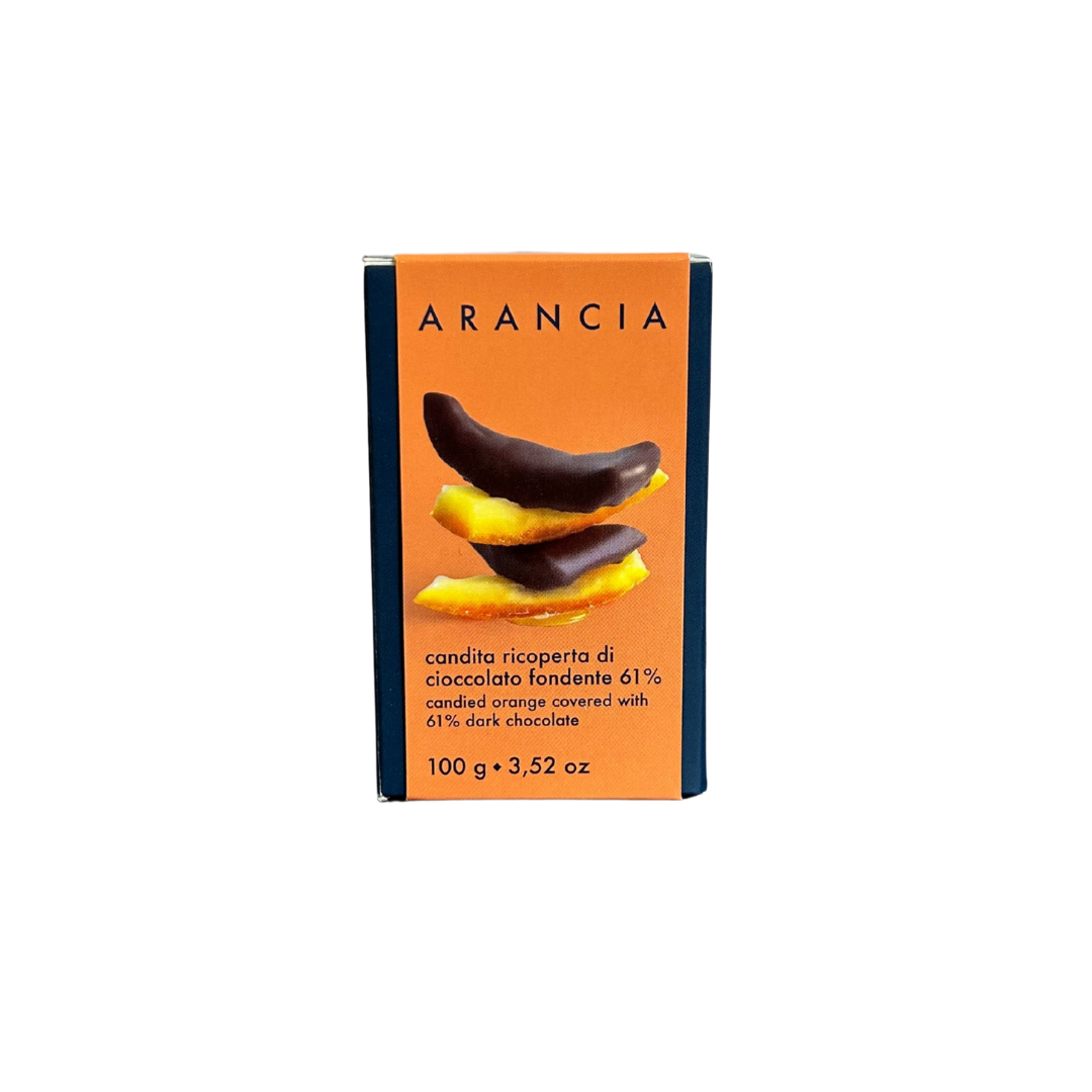 Box of Arancia candied orange covered with dark chocolate on an orange background