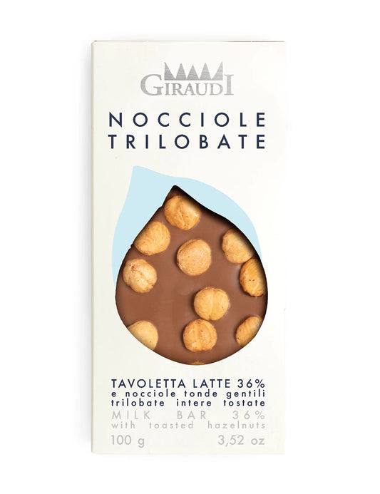 Milk chocolate bar with hazelnuts by Giraudi on a white background