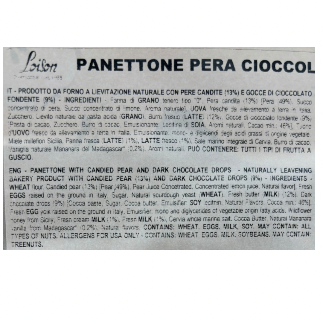 Loison Pear & Chocolate Panettone Ingredients