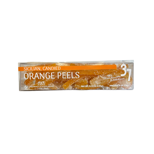 Pack of Sicilian candied orange peels on a white background