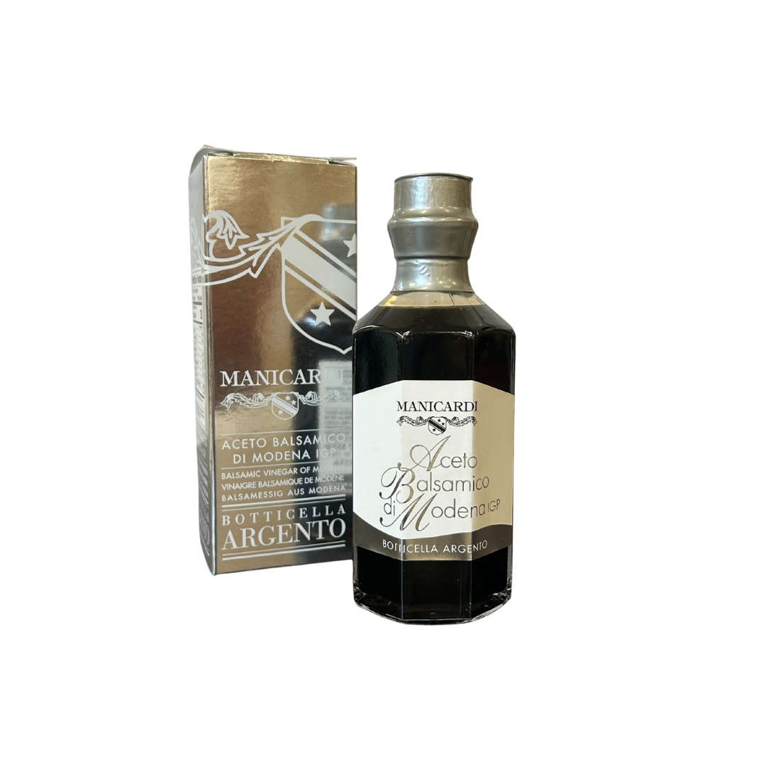 Bottle of Manicardi Balsamic Vinegar with packaging on a white background