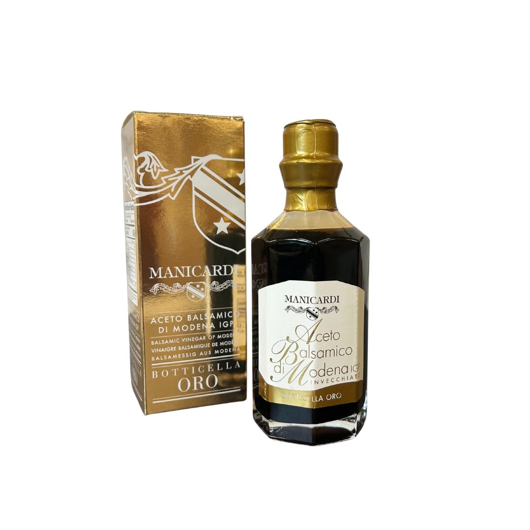 Bottle and packaging of Manicardi Botticella Oro Balsamic Vinegar on a white background