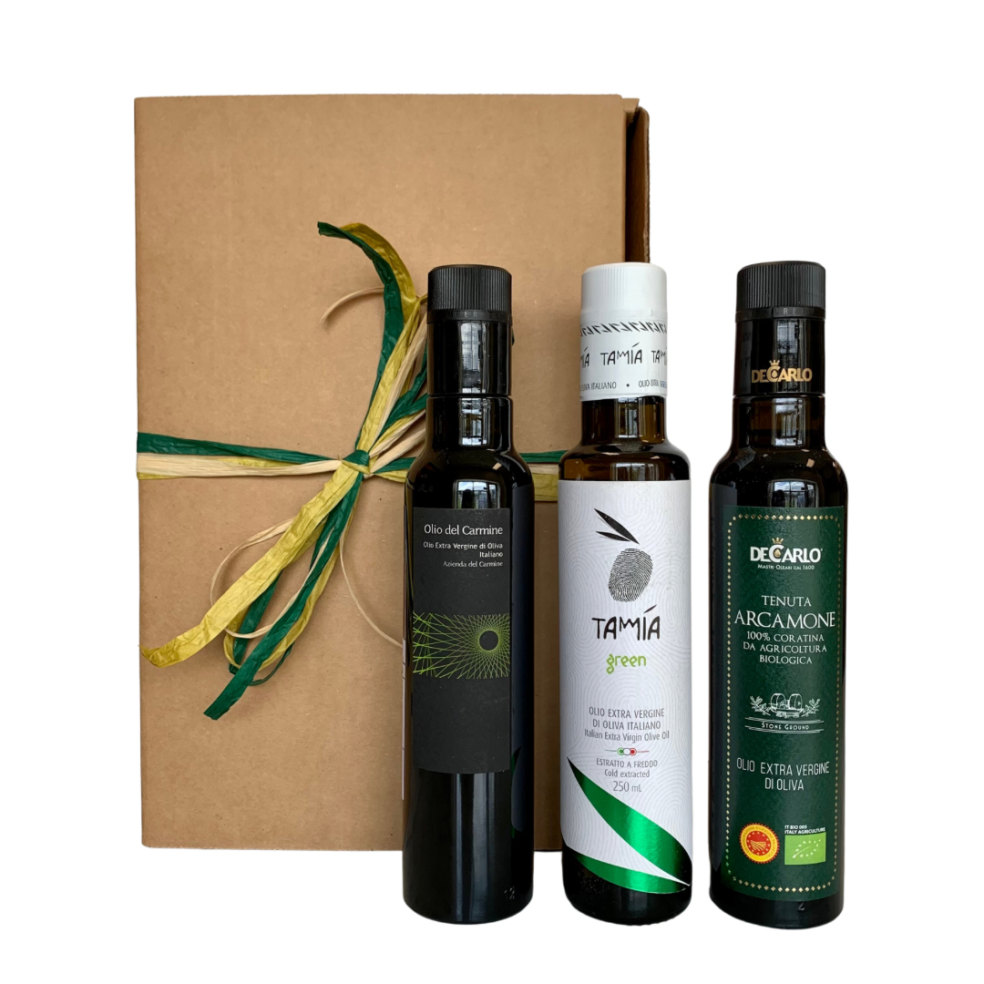 DaVinci Crude Verde Extra Virgin Olive Oil Gift Set 3 x 250ml Bottles with Brown Rustic Box and Ribbon OLI-077-22