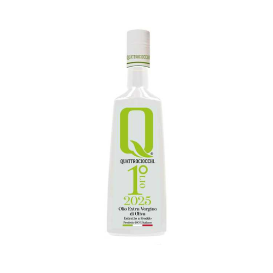 Bottle of Quattrociocchi Novello olive oil on a white background