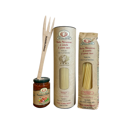Pasta packaging with a jar, fork, and tube on a white background