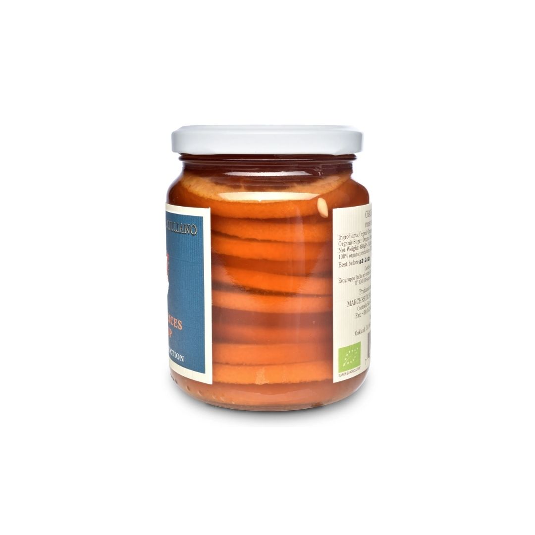 San Giuliano Sicilian Orange Slices in Syrup Side View