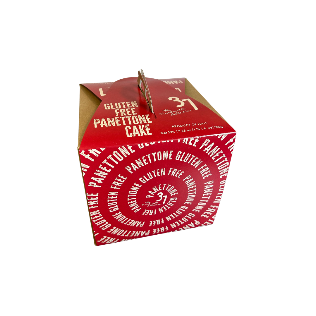 Red box of gluten-free panettone cake on a white background