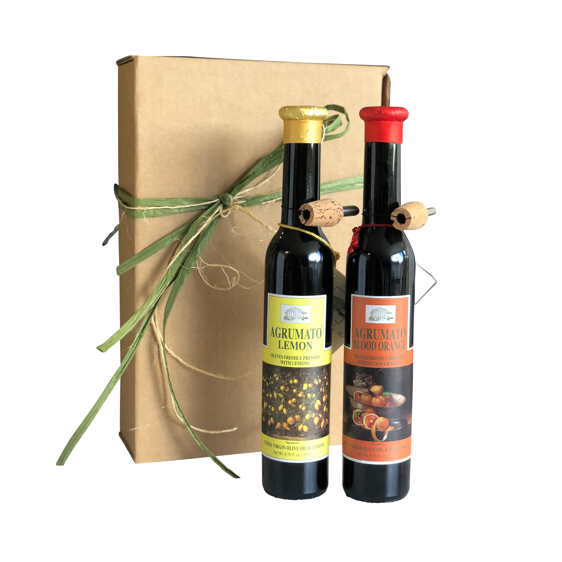 Agrumato Lemon & Blood Orange Extra Virgin Olive Oil Gift Set with Brown Rustic Box and Ribbon AGR-124