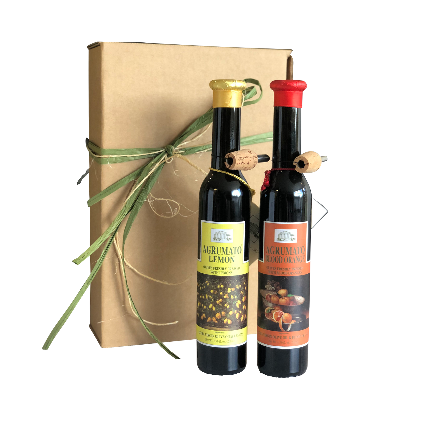 Agrumato Lemon & Blood Orange Extra Virgin Olive Oil Gift Set with Brown Rustic Box and Ribbon AGR-124