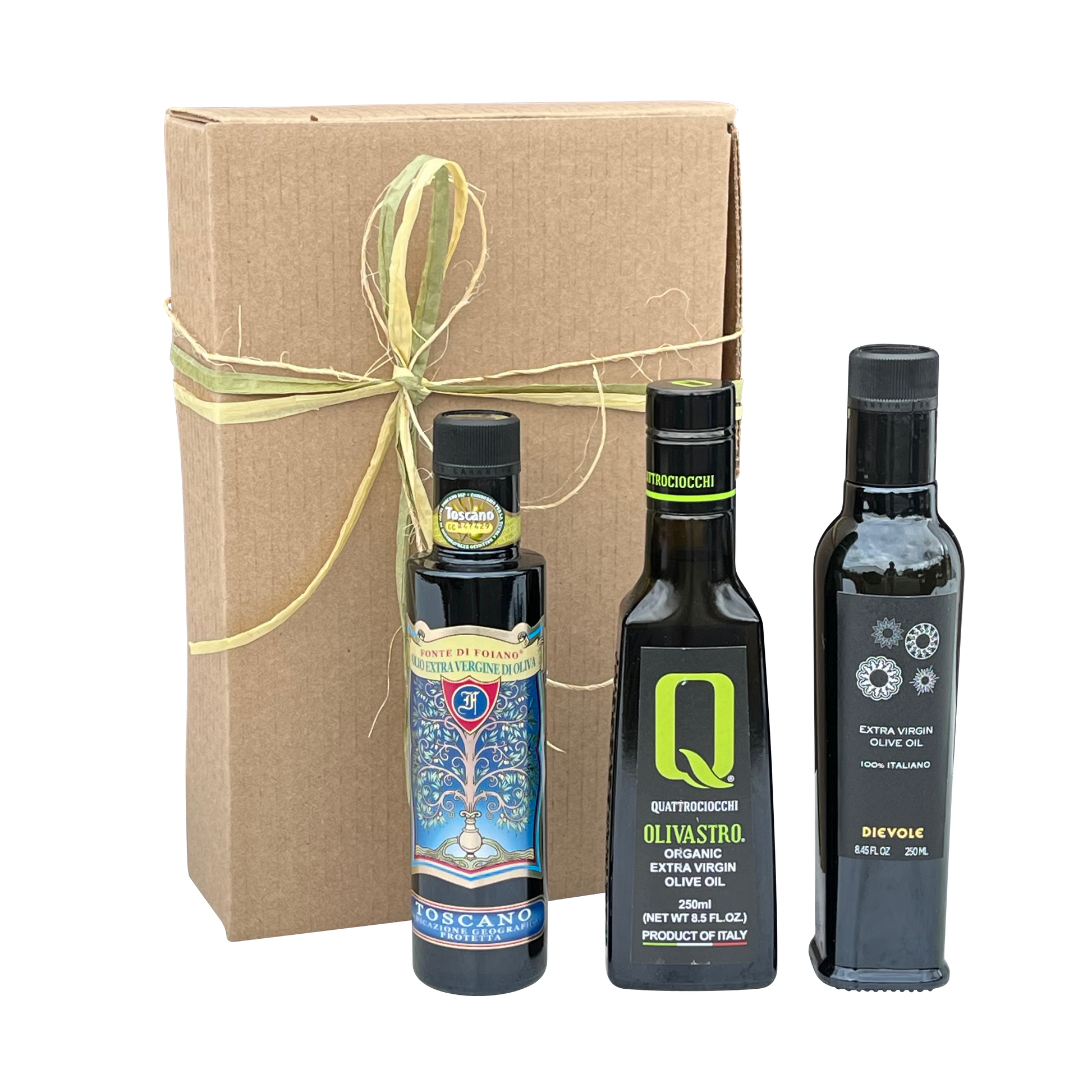 Da Vinci Crude Viaggio Extra Virgin Olive Oil Gift Set 3x250 ML Bottles with Brown Rustic Box and Ribbon OLI-073-22