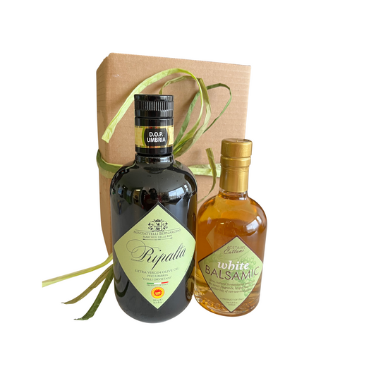 Diamante Duo Gift Set Ripalta Extra Virgin Olive Oil 500ml and Cattani white Balsamic 250ml with brown rustic box and ribbon OLI-075