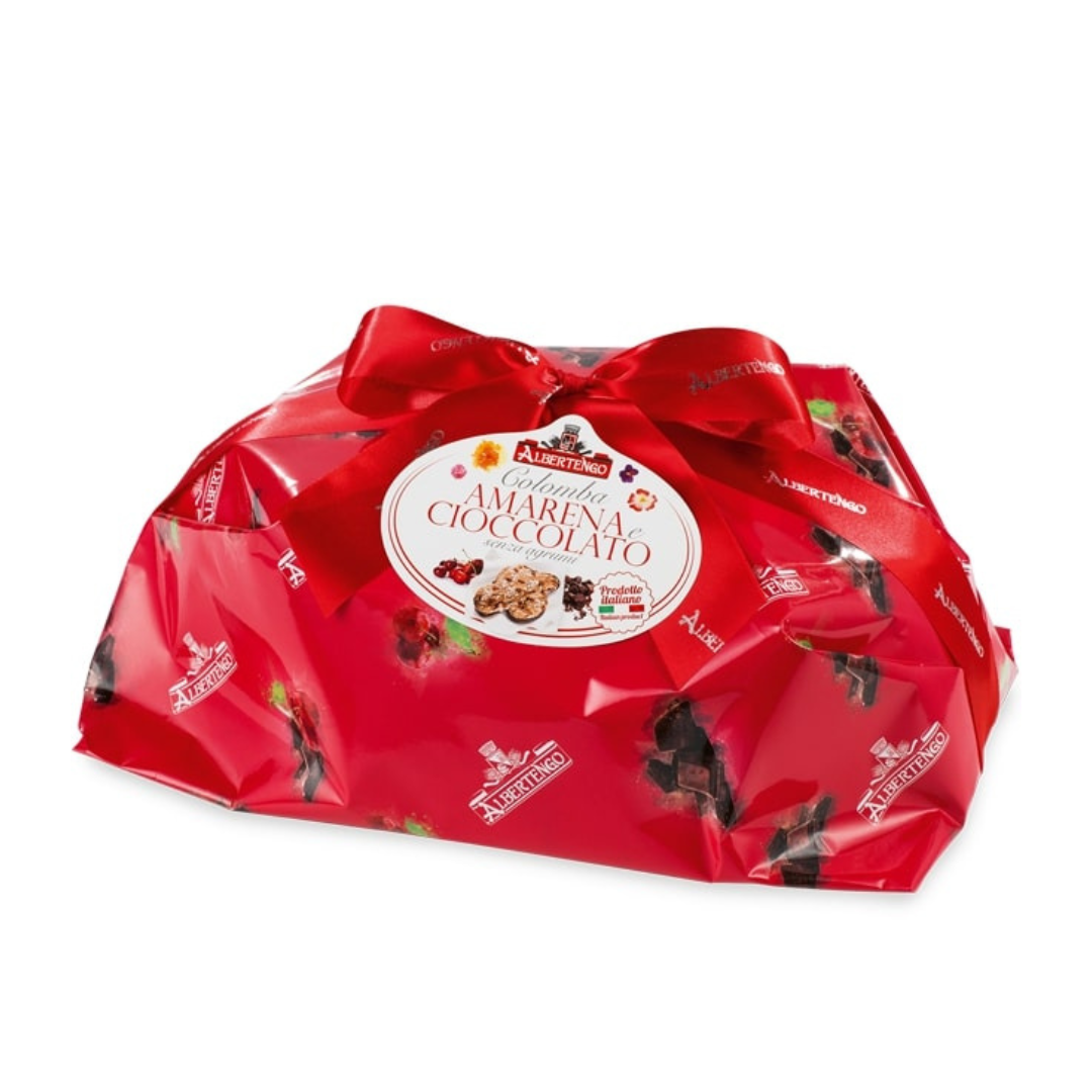 Albertengo Chocolate & Cherry Colomba Cake Wrapped in Red Paper with Red Ribbon IGF-006