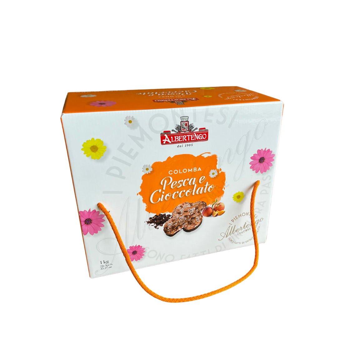 Albertengo Chocolate & Peach Colomba Cake in Orange and White Box with Orange Handle IGF-010