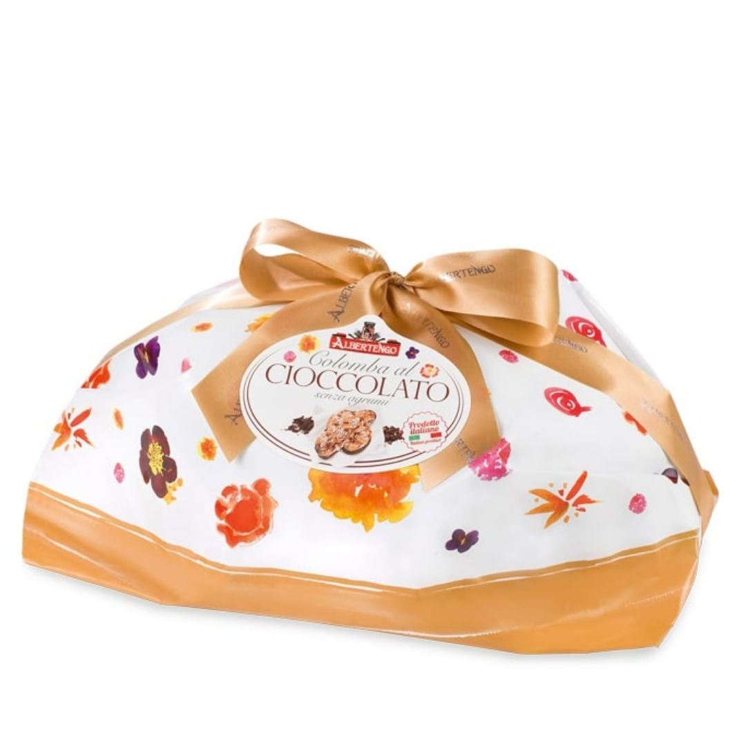 Albertengo Colomba al Cioccolato Cake Wrapped in Gold and White Paper with Gold Ribbon IGF-019