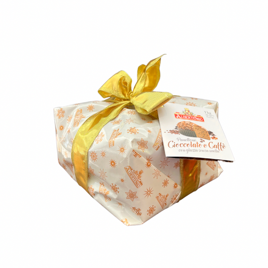 Albertengo Chocolate & Caffe Panettone Wrapped in White Paper with Gold Ribbon IGF-014