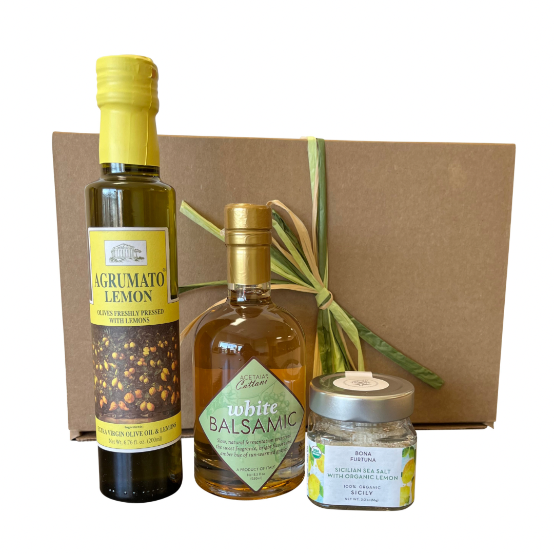 Lemon Gift Set with Agrumato Lemon EVOO 200ml Cattani White Balsamic 250ml & Sicilian Lemon Sea Salt 86gr OLI MOM 23