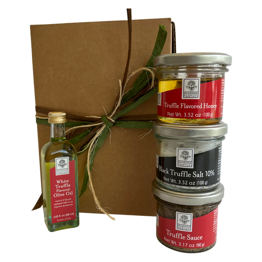 Tartufi Amore Gift Set with 60ml White Truffle Flavored Oil,  100 gram Truffle Flavored Honey, 10% Truffle Salt, and Truffle Sauce